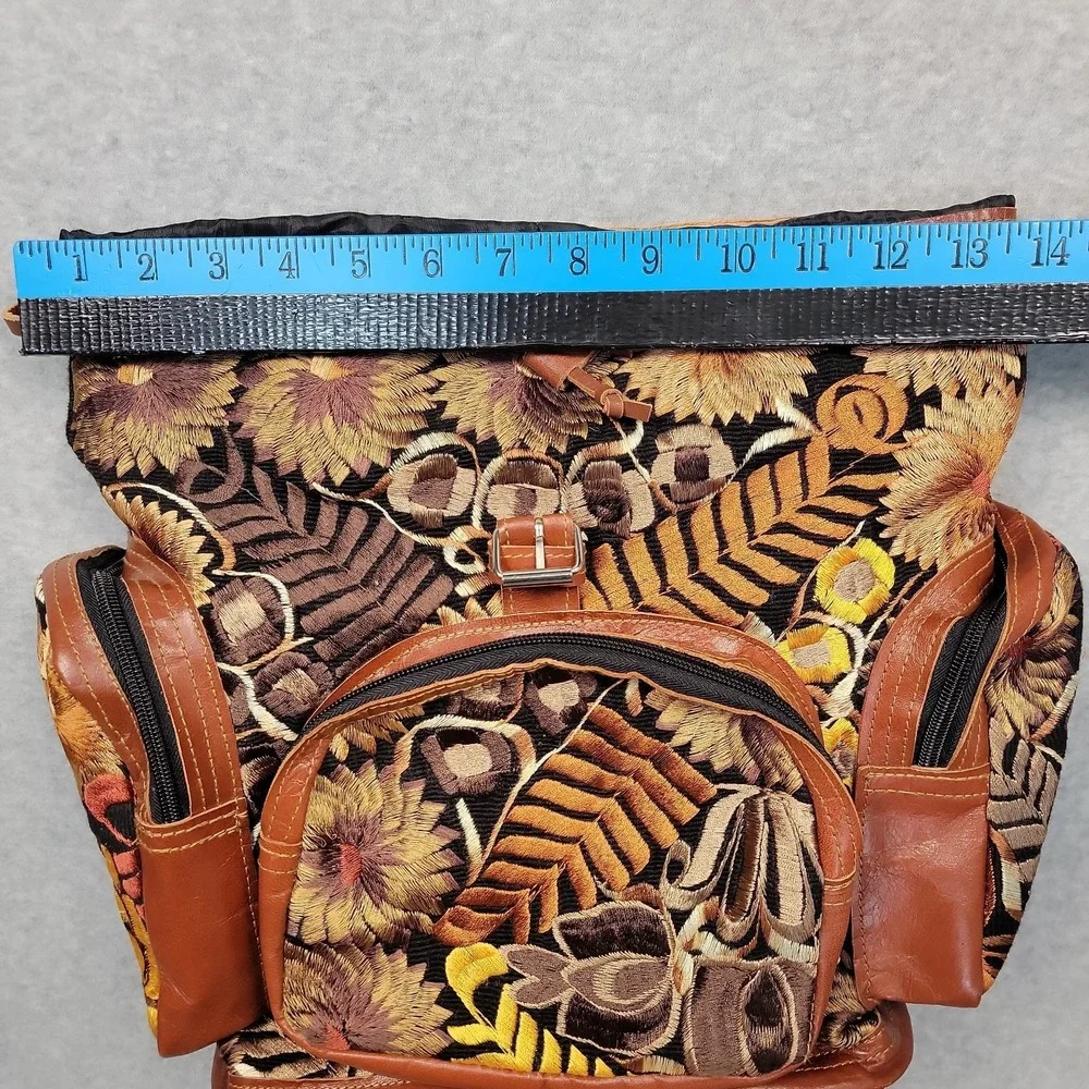 Handmade Guatemalan Leather and Embroidery Cotton Boho Backpack Artisan Floral